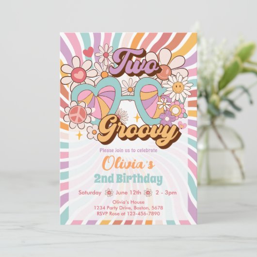 Twee Groovy Retro Zomer 2e Verjaardag Uitnodiging (Staand voorkant)