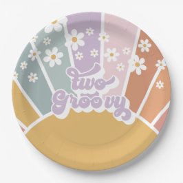 Twee Groovy Retro Zonneschijn Regenboog Madeliefje Papieren Bordje