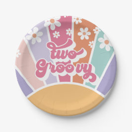 Twee Groovy Retro Zonneschijn Regenboog Madeliefje Papieren Bordje
