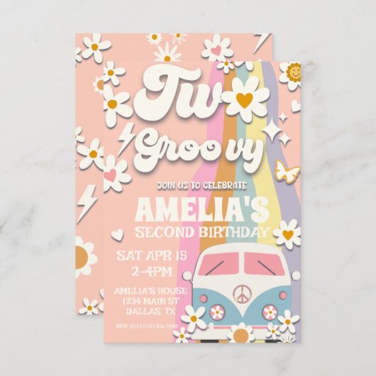 Twee Groovy Second Birthday Invitation Kaart (Voorkant / Achterkant)