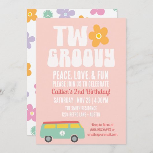 Twee groovy tweede verjaardag retro bloem vredesbu kaart (Voorkant / Achterkant)