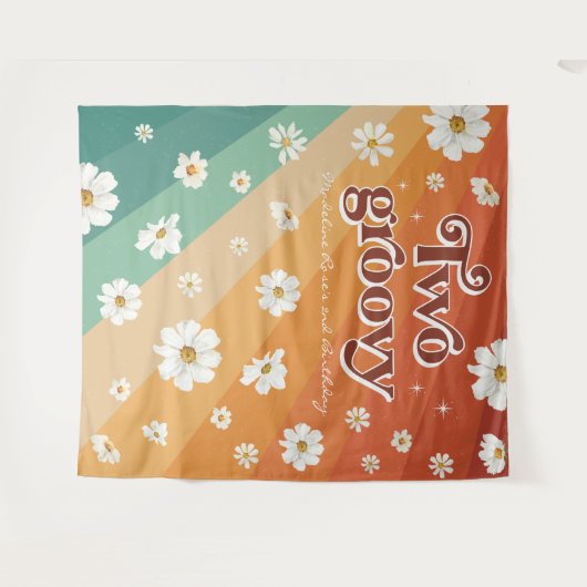 Twee Groovy Tweede Verjaardag | Retro Daisy Regenb Wandkleed (Voorkant (horizontaal))