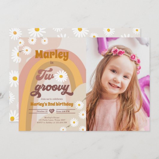 Twee Groovy tweede verjaardag tweede Retro Boho Da Kaart (Voorkant / Achterkant)