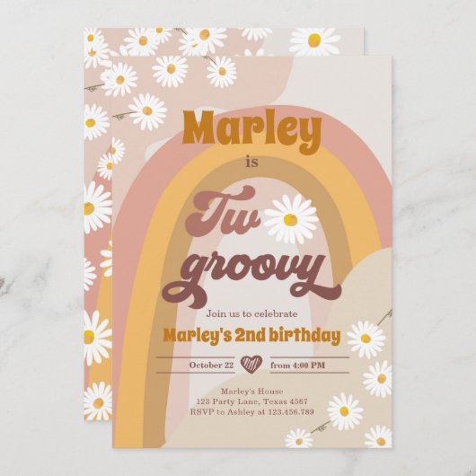 Twee Groovy tweede verjaardag tweede Retro Boho Da Kaart (Voorkant / Achterkant)