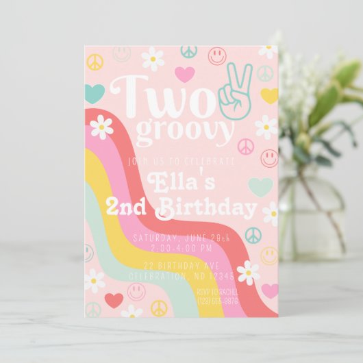 Twee groovy tweede verjaardag uitnodigen kaart (Staand voorkant)