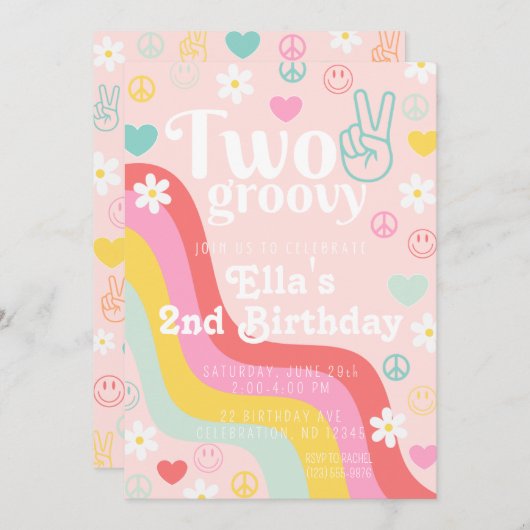 Twee groovy tweede verjaardag uitnodigen kaart (Voorkant / Achterkant)