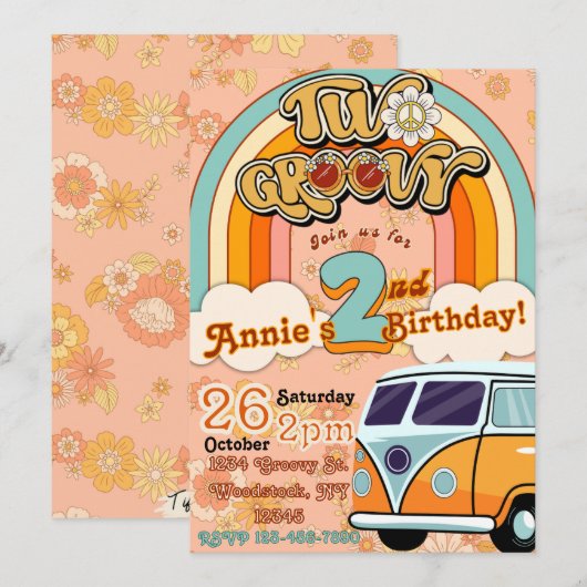 Twee groovy verjaardagsuitnodiging kaart (Voorkant / Achterkant)