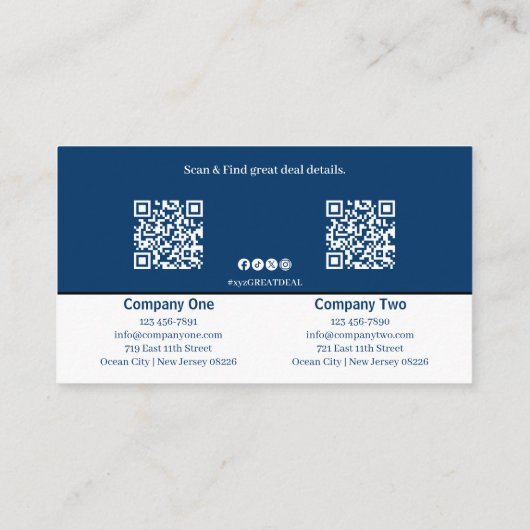 Twee grote bedrijven, een grote co-branded blauw aanbevelingskaartje (Achterkant)