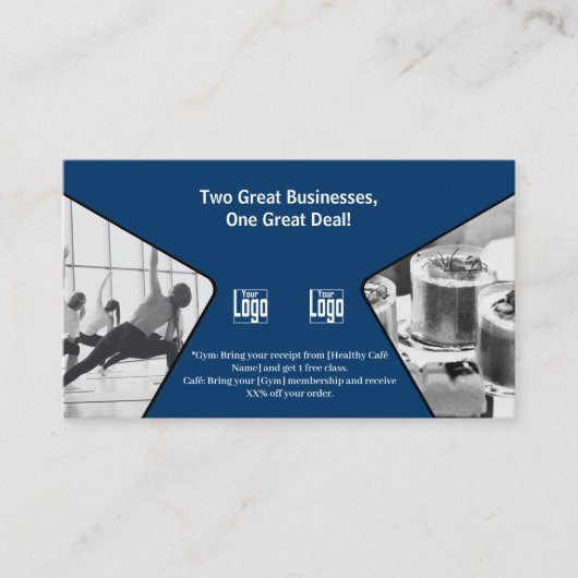 Twee grote bedrijven, een grote co-branded blauw aanbevelingskaartje (Voorkant)