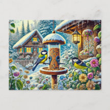 Twee grote tieten vogels bij de feeder in de winte