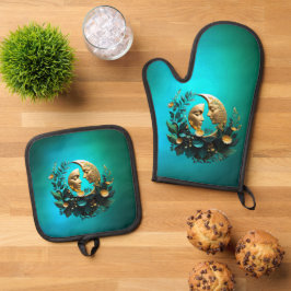 Twee halve manen versierd met delicate bloemen ovenwant & pannenlap set