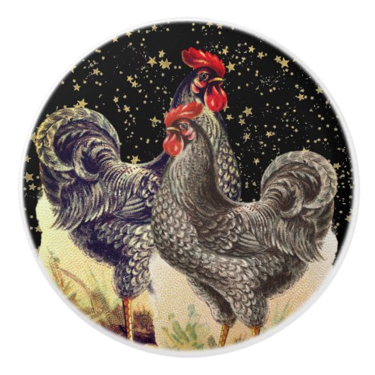 Twee Hanen Zwart Gouden Sterren Keramische Knop (Voorkant)