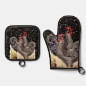 Twee Hanen Zwart Gouden Sterren Ovenwant & Pannenlap Set (Voorkant)