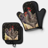 Twee Hanen Zwart Gouden Sterren Ovenwant & Pannenlap Set (Voorkant / Achterkant)