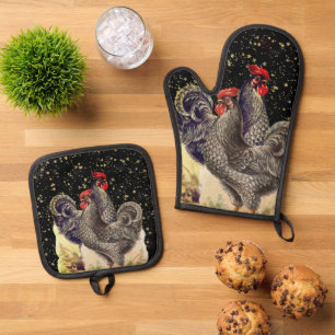 Twee Hanen Zwart Gouden Sterren Ovenwant & Pannenlap Set