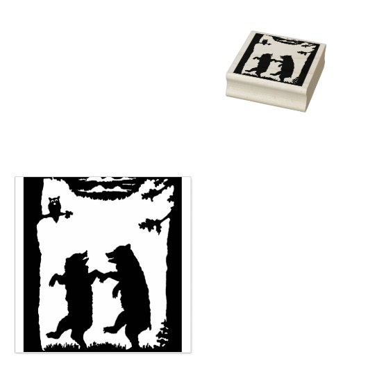 Twee Happy Dancing Beren onder Bomen Grass Uil Rubberstempel (Gestempeld)