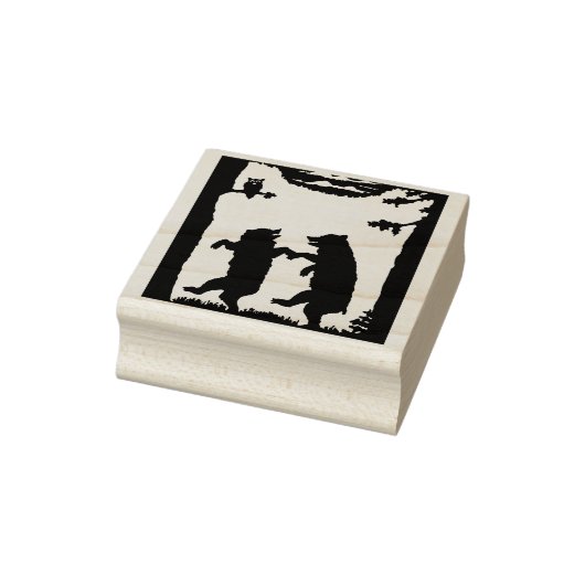 Twee Happy Dancing Beren onder Bomen Grass Uil Rubberstempel (Stempel)