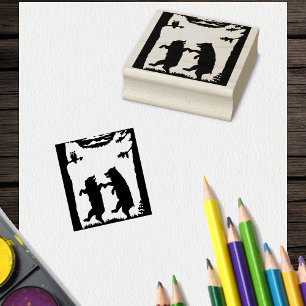 Twee Happy Dancing Beren onder Bomen Grass Uil Rubberstempel