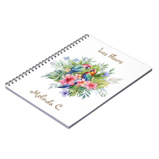 Twee Happy Macaws met Tropical Flowers Notitieboek (Linkerzijde)
