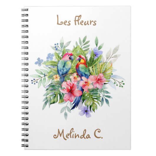 Twee Happy Macaws met Tropical Flowers Notitieboek (Voorkant)