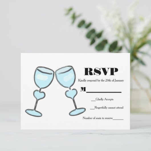 Twee hart wijnglazen Vrijgezellenfeest bruiloft RS RSVP Kaartje (Staand voorkant)