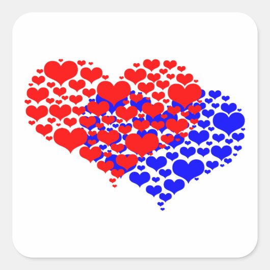 Twee harten blauw en rood vierkante sticker (Voorkant)