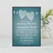 Twee harten  blauwe bruiloft uitnodigingen (Staand voorkant)