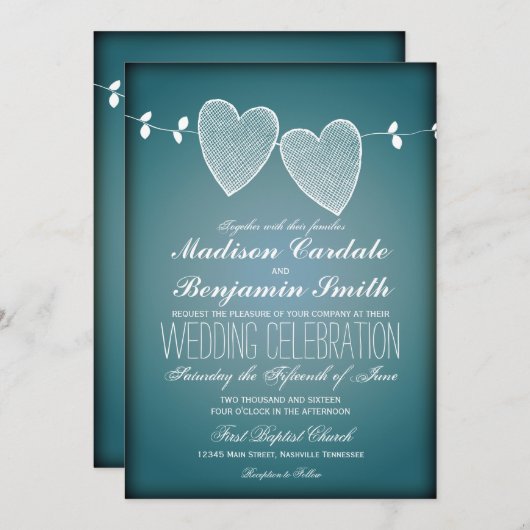 Twee harten  blauwe bruiloft uitnodigingen (Voorkant / Achterkant)