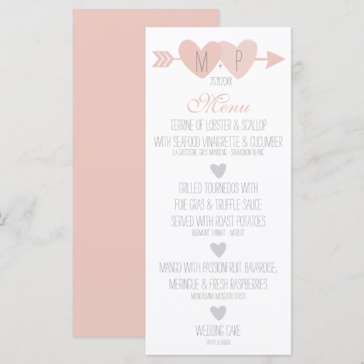 Twee harten bruiloft menu (Voorkant / Achterkant)