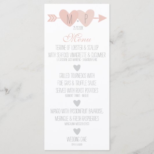 Twee harten bruiloft menu (Voorkant)
