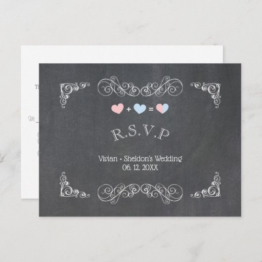 Twee harten Chalkboard Wedding RSVP Uitnodiging Briefkaart (Voorkant / Achterkant)