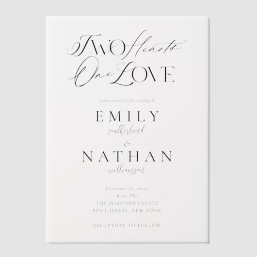 Twee Harten Een Hart Minimale Moderne Script Trouw Vellum Uitnodigingen (Voorkant)
