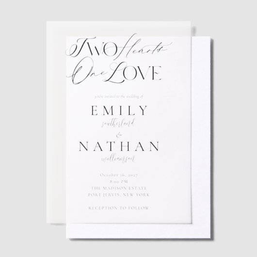 Twee Harten Een Hart Minimale Moderne Script Trouw Vellum Uitnodigingen (Offset)