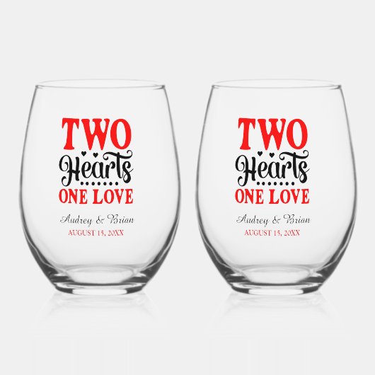 Twee harten een liefde bruiloft aandenken wijnglas zonder voet (Voorkant)