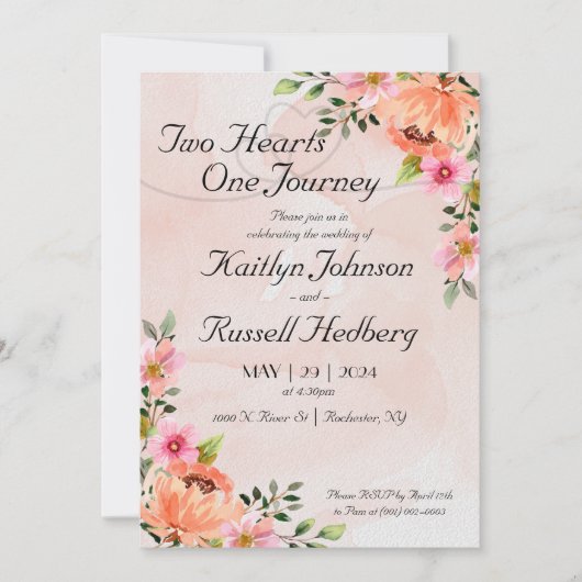 Twee harten één reis | Roze bruiloft uitnodiging (Voorkant)