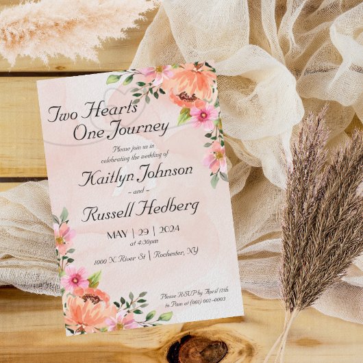 Twee harten één reis | Roze bruiloft uitnodiging