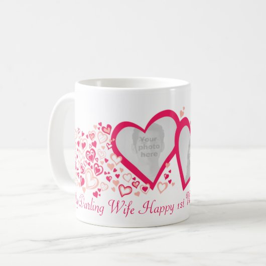 Twee harten foto's mok op 1 trouwdag (Voorkant links)