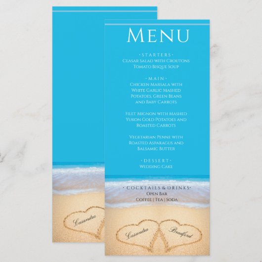 Twee harten in het menu Beach Wedding (Voorkant / Achterkant)