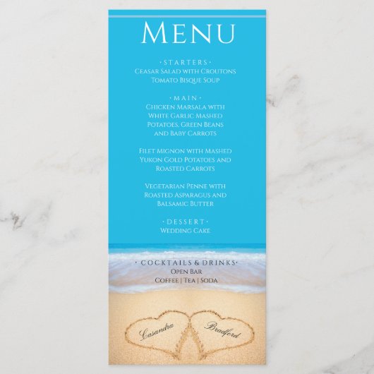 Twee harten in het menu Beach Wedding (Voorkant)