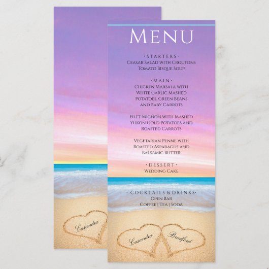 Twee harten in het Paarse roze menu Beach Wedding  (Voorkant / Achterkant)