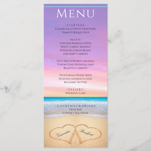 Twee harten in het Paarse roze menu Beach Wedding  (Voorkant)