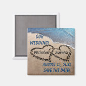 Twee harten in het zand bewaren de datummagneet magneet (Voorkant / Achterkant)