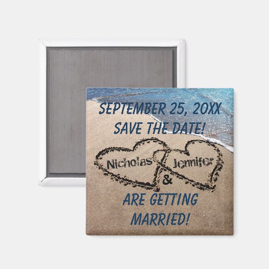 Twee harten in het zand bewaren de datummagneet magneet (Voorkant / Achterkant)