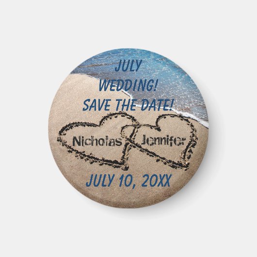 Twee harten in het zand bewaren de datummagneet magneet (Voorkant)