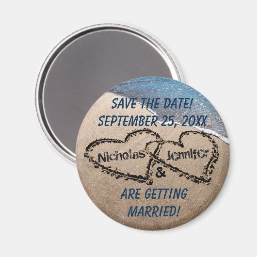 Twee harten in het zand bewaren de datummagneet magneet (Voorkant / Achterkant)