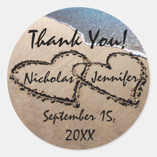 Twee harten in het zand Dank u Seals Stickers (Voorkant)
