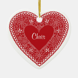 Twee harten kant keramisch ornament