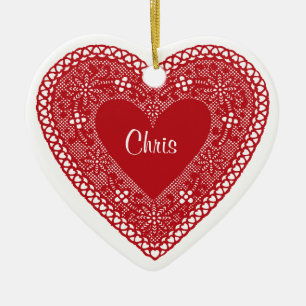 Twee harten  kant keramisch ornament