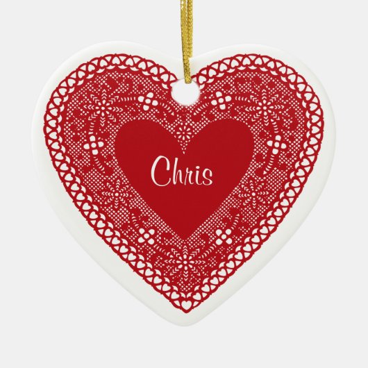 Twee harten  kant keramisch ornament (Voorkant)