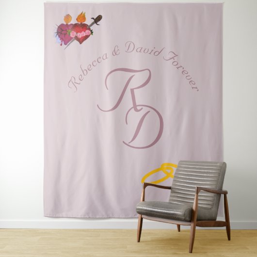 Twee Harten Katholieke Monogram Huwelijk Wandkleed (In situ)